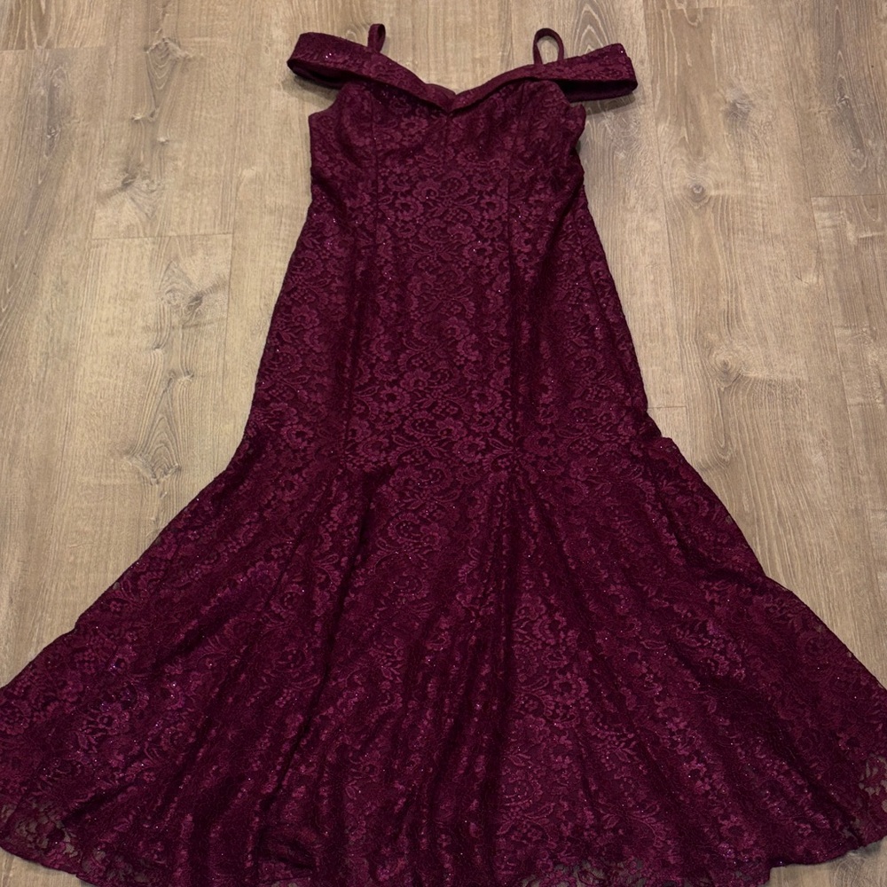 R & M Richards Off Shoulder Burgundy Lace Dress